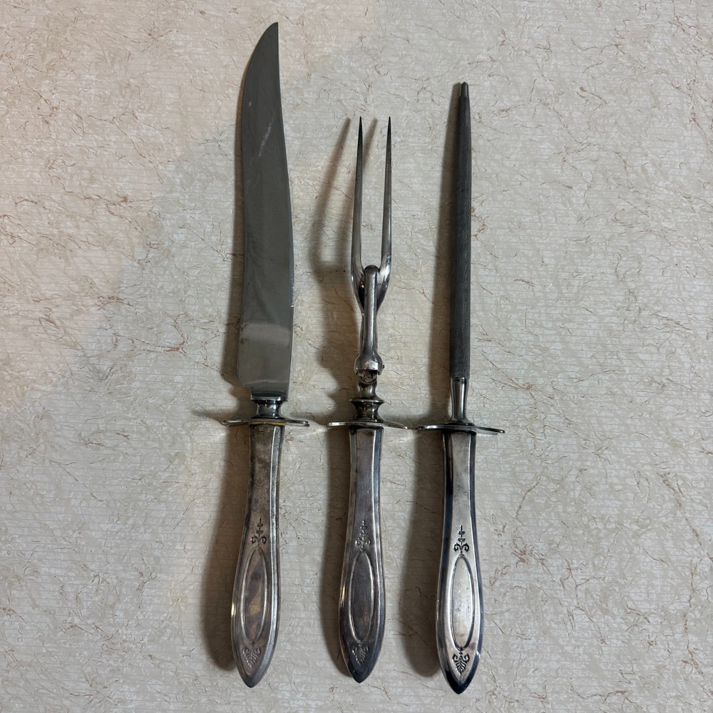 Vintage Silverplate Carving Set Knife Fork Steel Floral Cartouche 3pc